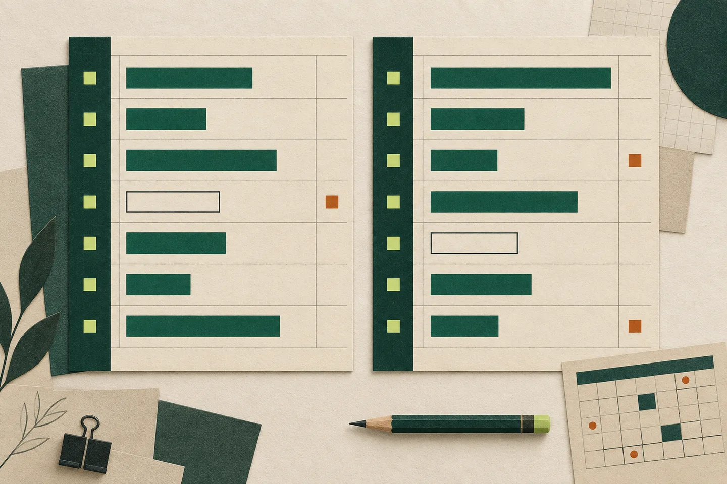 Two paper loan-comparison ledgers with green bars, checkboxes and a pencil.