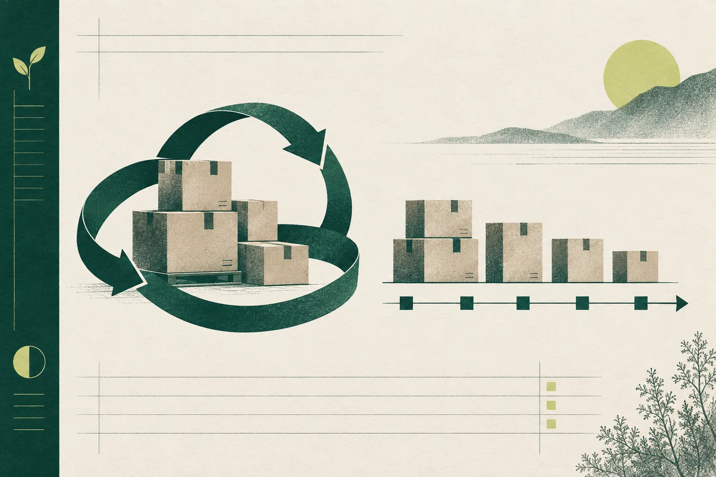 Inventory cartons encircled by green arrows beside a descending row of cartons and evenly spaced repayment markers on cream ledger paper.