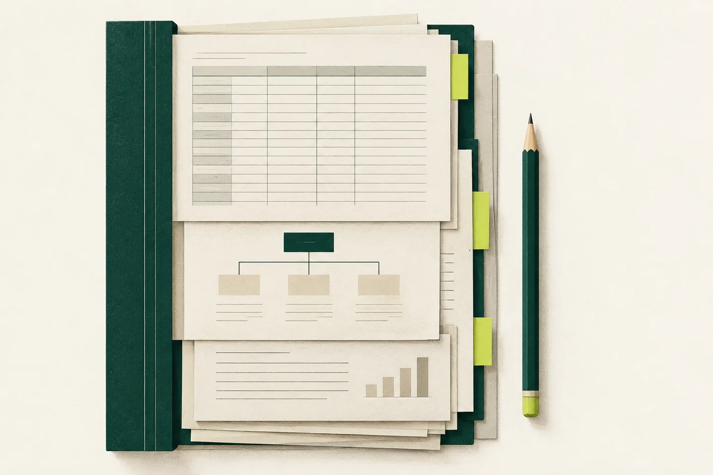 Illustrated loan conversation packet with cream ledger sheets, an ownership diagram, deep-green index rail, lime tabs and a pencil.